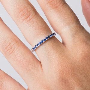 Pave Blue Sapphire Ring, 14K White Gold, Stacking Band, Deep Blue Sapphire Band, Wedding Ring, Delicate Sapphires Ring image 1