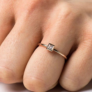 Square Diamond Engagement ring, 14K / 18K Yellow Gold, Dainty Engagement Ring, Thin Solitaire Ring, Princess Cut Diamond, Promise Ring image 1