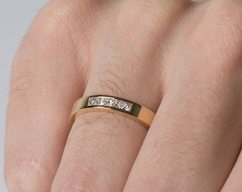 Anillo de diamantes de canal, anillo de bodas para hombres, oro amarillo de 14 quilates/18 quilates, anillo de diamantes princesa, anillo delicado para hombres, diamantes cuadrados, banda unisex
