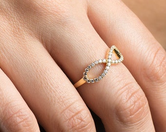 Infinity Diamanten Ring, 14K / 18K Gelbgold, Jubiläumsring, Hochzeitsring, Diamanten Stapelring, Infinity Knoten Ring, Verlobungsband