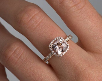Rose Gold Morganite Engagement Ring, Cushion Morganite & Diamonds Ring, Halo Engagement Ring, Pink Morganite Ring, Morganite Wedding Ring