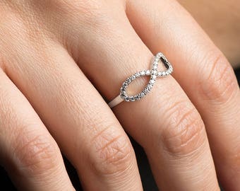 Unendlich Diamanten Ring, 14K / 18K Weißgold, Jahrestag Ring, Ehering, Diamanten Stapelring, Infinity Knoten Ring, Verlobungsring Band