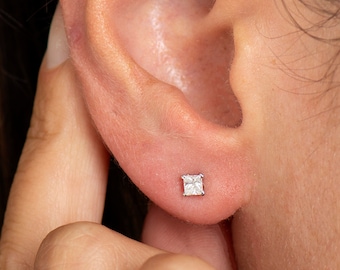 Princess Diamond Earrings, 14K Gold Earrings, Diamond Stud Earrings, Square Diamond Studs, Gold Stud Earrings, Diamond Studs