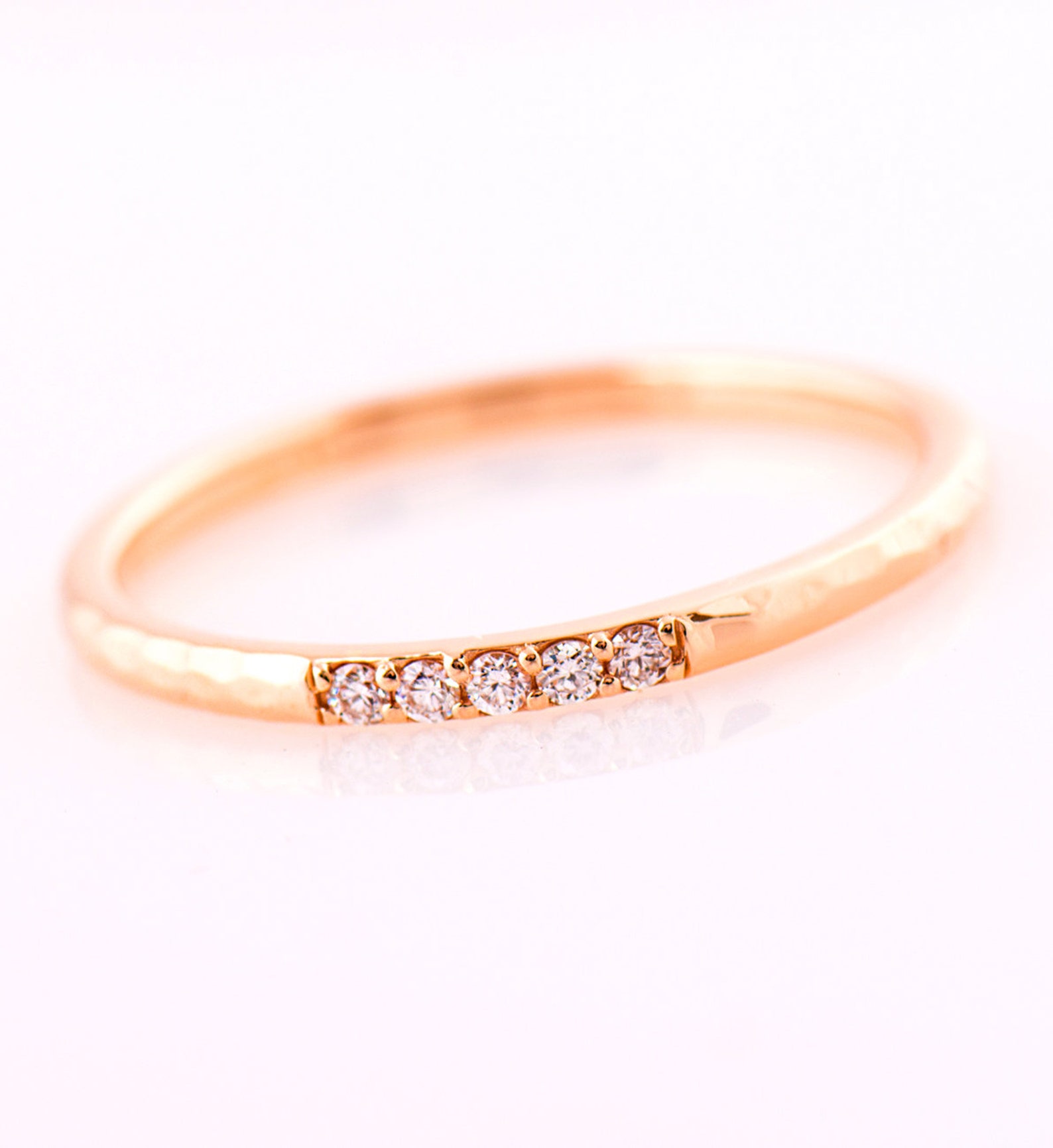 1.5 Mm Textured Diamond Ring, 14K / 18K Rose Gold Ring, Five Diamond ...