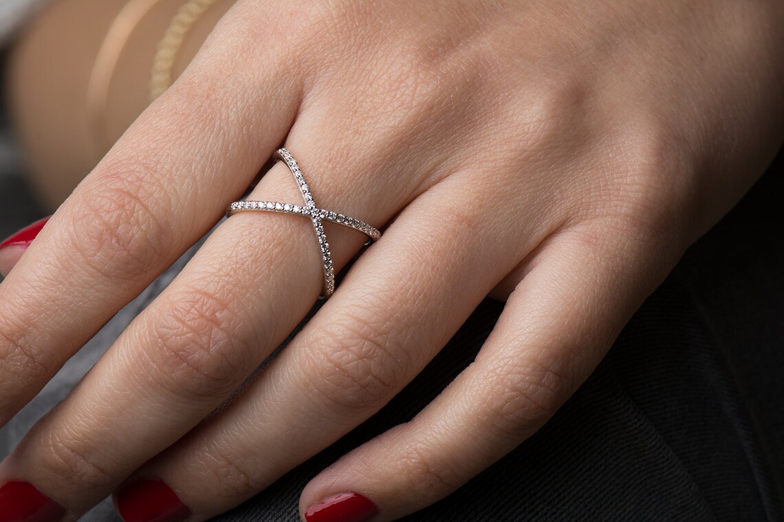 X Diamond Ring White Gold Diamond Ring Modern Ring Crossing Etsy Israel