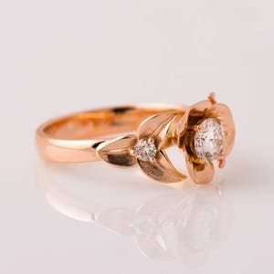 Flower & Leaves Engagement Ring, 14K / 18K Rose Gold, Unique Engagement Ring, Nature Inspired, Leaf Engagement Ring, Flower Diamond Ring