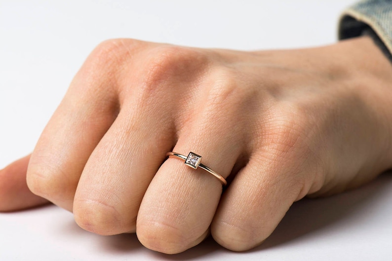 Square Diamond Engagement ring, 14K / 18K Yellow Gold, Dainty Engagement Ring, Thin Solitaire Ring, Princess Cut Diamond, Promise Ring image 1