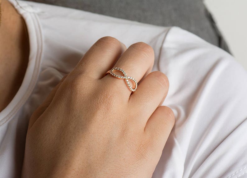 Infinity Diamonds Ring, 14K / 18K Rose Gold, Anniversary Ring, Wedding Ring, Diamonds Stacking Ring, Infinity Knot Ring, Engagement Band image 3