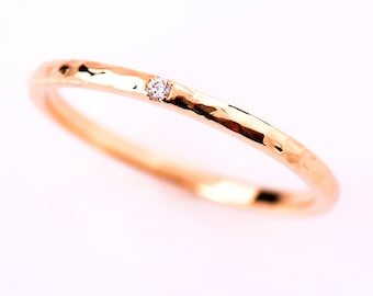 1.5 mm Hammered Textured Ring, Single Diamond Ring, 14K / 18K Rose Gold, Stack Diamond Band, Tiny Diamond Ring, thin Wedding ring