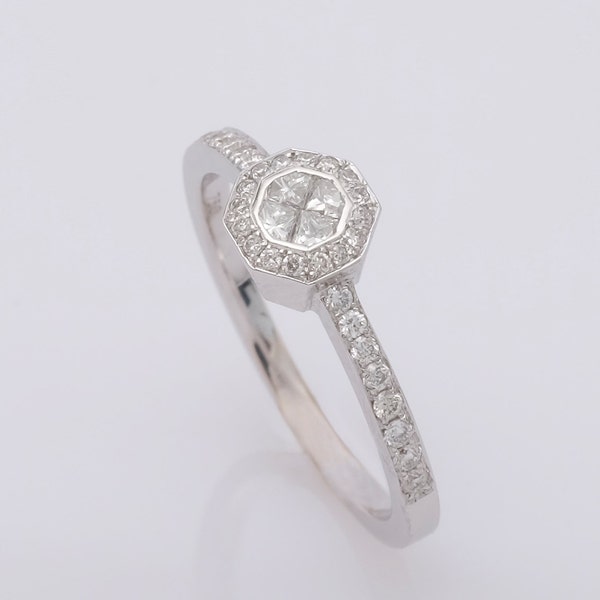 Diamond Art Deco Engagement Ring, 18K White Gold, Halo ring, Bezel Ring, Octagon Ring, Unique Ring