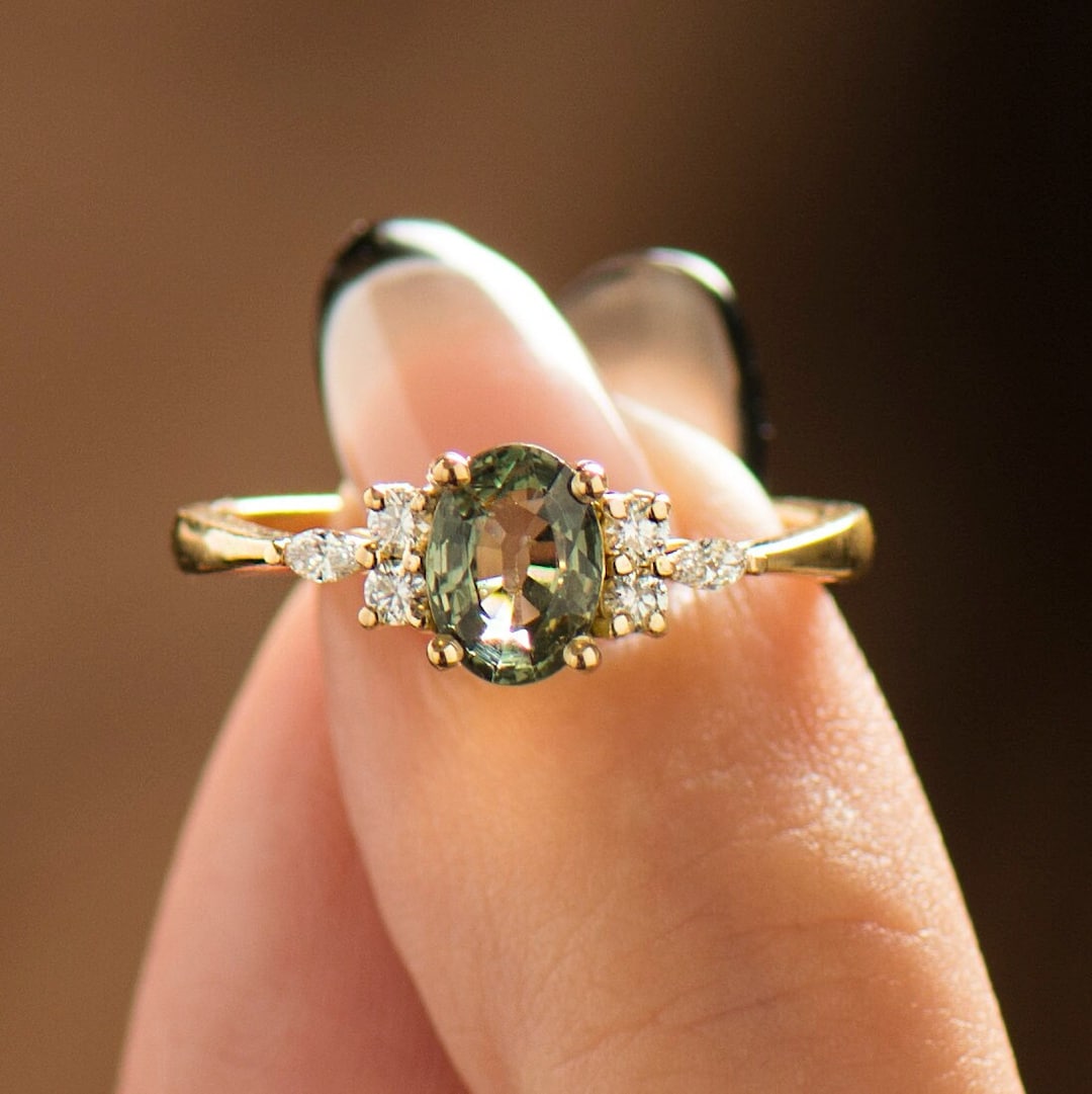 Green Sapphire Engagement Ring, 14K / 18k Yellow Gold, Light Green Sapphire Engagement Ring, 14K / 18k Yellow Gold, Light