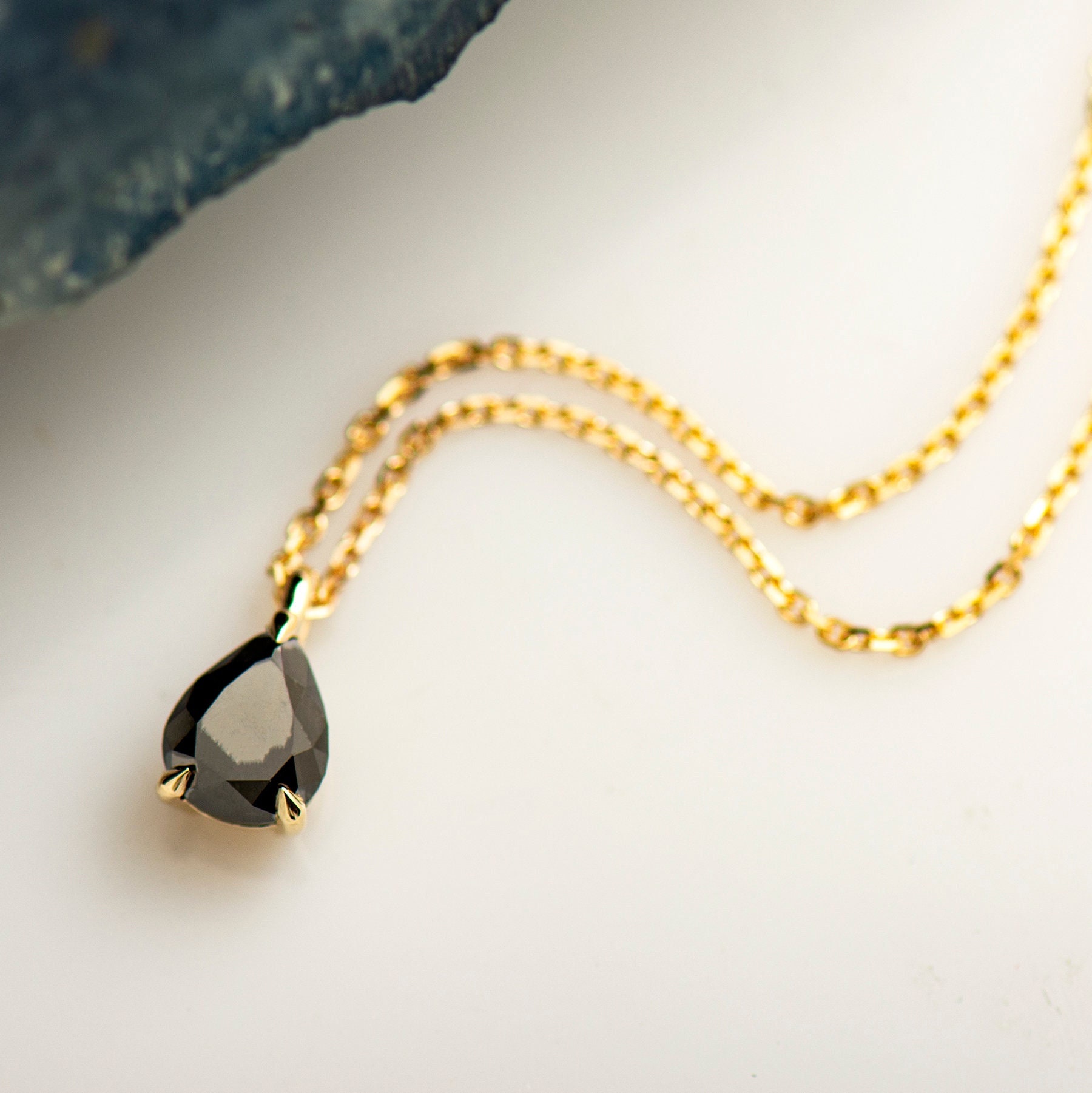 Teardrop Pendant Black Pear Diamond Necklace 14k Yellow Gold