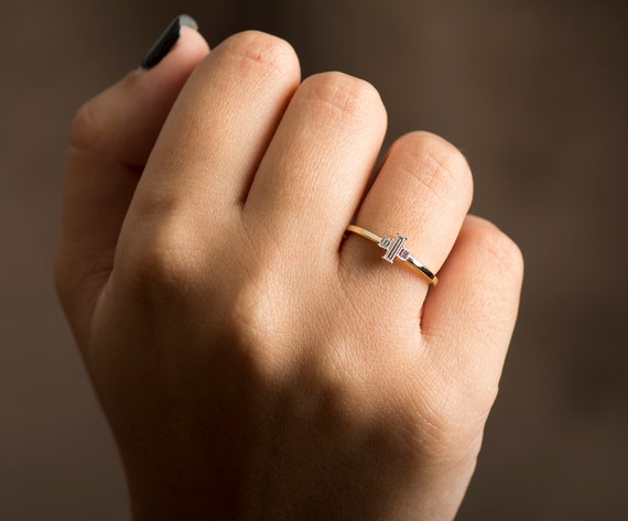 Three Stones Baguette Ring 14K 18k Yellow Gold Baguette