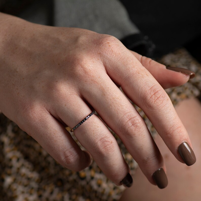 Black Diamonds Ring, 14K / 18K Yellow Gold, Half Eternity Ring, Black Diamonds Band, Stackable Ring, Pave Black Ring, Thin Stack Ring, ring image 6