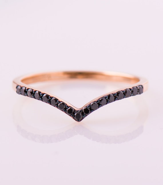 V Black Diamond Band, 14K / 18K Rose Gold, Pave Black Diamond Ring, Delicate Ring, Chevron Ring, Half Eternity Ring, Delicate Diamond Ring