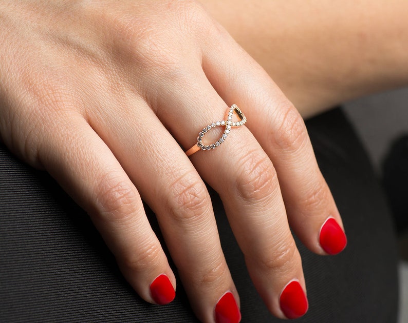 Infinity Diamonds Ring, 14K / 18K Rose Gold, Anniversary Ring, Wedding Ring, Diamonds Stacking Ring, Infinity Knot Ring, Engagement Band image 1