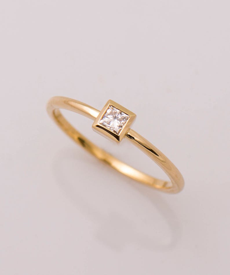 Square Diamond Engagement ring, 14K / 18K Yellow Gold, Dainty Engagement Ring, Thin Solitaire Ring, Princess Cut Diamond, Promise Ring image 6