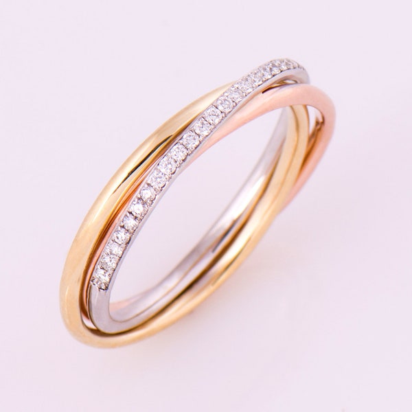 Dreifarbiger Ring, 14K / 18K Gold Diamanten Band, Jubiläumsring, Ehering, Diamantband, Dreifarbiger Ring, Stapelring