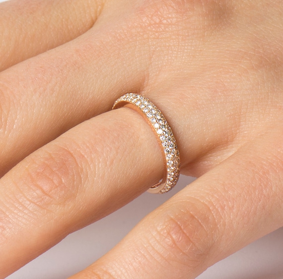 Pave Diamonds Ring 3 Row Diamonds Ring 14K 18K Rose Gold