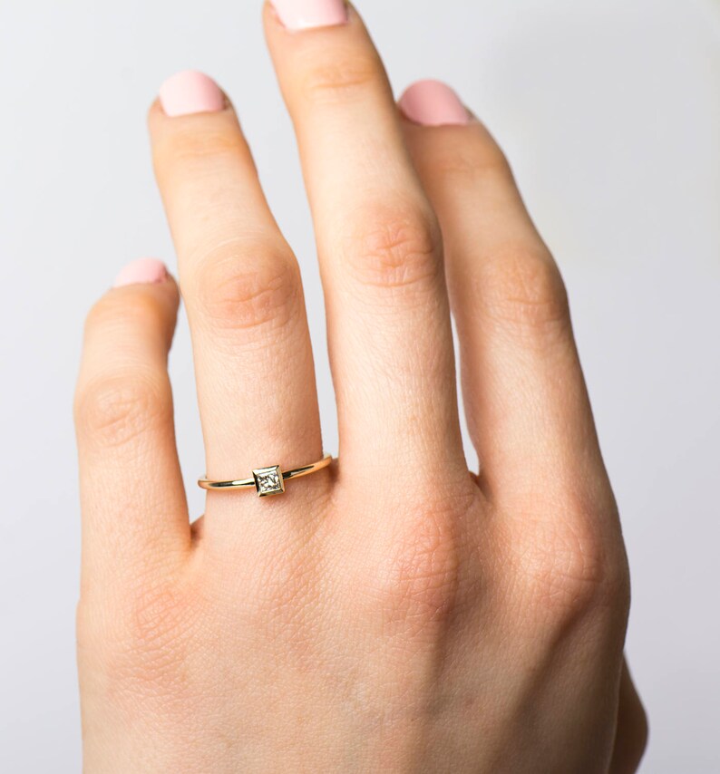 Square Diamond Engagement ring, 14K / 18K Yellow Gold, Dainty Engagement Ring, Thin Solitaire Ring, Princess Cut Diamond, Promise Ring image 7