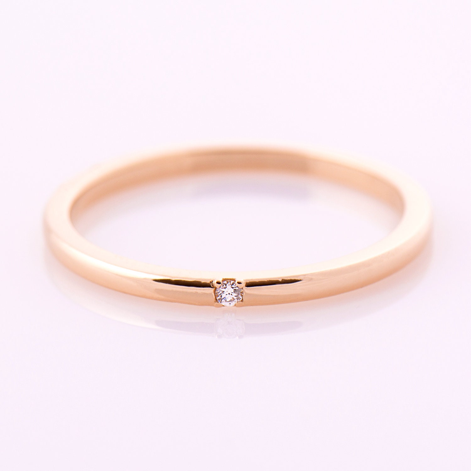 1.5 Mm One Diamond Ring 14K / 18K Rose Gold Ring Single 
