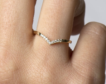 V Diamonds Ring, 14K Yellow Gold, Chevron Ring, V Shaped Ring, Thin Diamond Ring, Dainty Wedding Band, Diamond Wedding Ring, Pave Ring