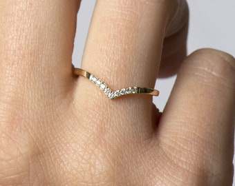 V Diamonds Ring, 14K Yellow Gold, Chevron Ring, V Shaped Ring, Thin Diamond Ring, Dainty Wedding Band, Diamond Wedding Ring, Pave Ring