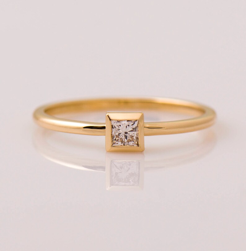 Square Diamond Engagement ring, 14K / 18K Yellow Gold, Dainty Engagement Ring, Thin Solitaire Ring, Princess Cut Diamond, Promise Ring image 4