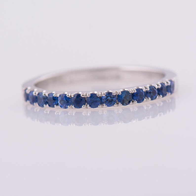 Pave Blue Sapphire Ring, 14K White Gold, Stacking Band, Deep Blue Sapphire Band, Wedding Ring, Delicate Sapphires Ring image 3