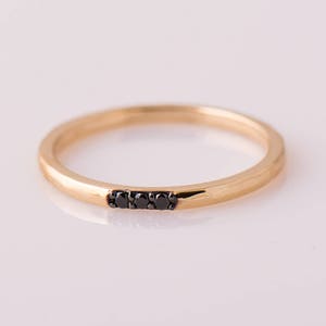 Three diamonds ring, 14K / 18K Yellow Gold, Hammered textured Band, Black Diamond Ring, Stacking Ring, Thin Black Diamonds Ring, Dainty Ring
