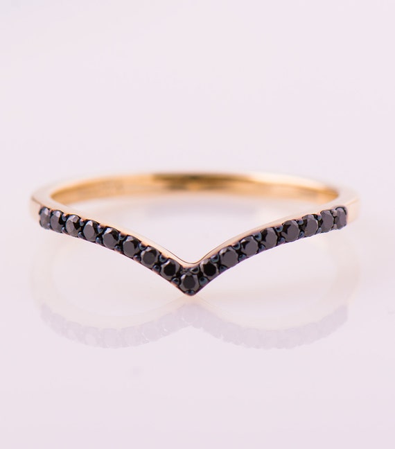 V Black Diamond Band, 14K / 18K Yellow Gold, Pave Black Diamond Ring, Delicate Ring, Chevron Ring, Half Eternity Ring, Delicate Diamond Ring