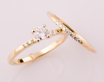 Diamond Rings Set, 14K Yellow Gold Set, Wedding Rings Set, Simple Diamond Rings, Bridal set, Solitaire Ring & Pave Diamond Band,