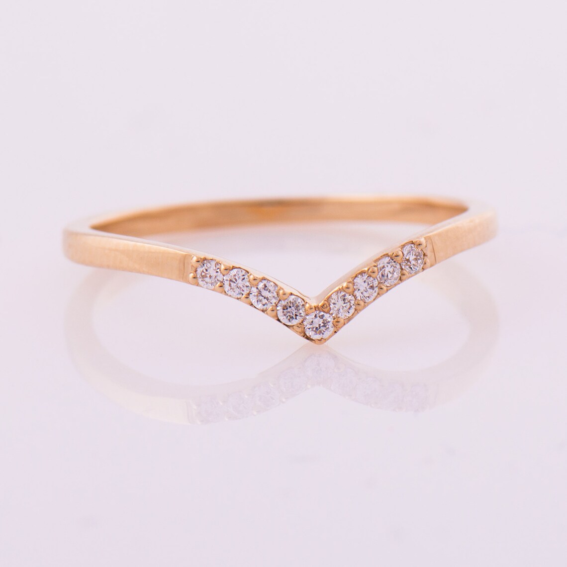 Chevron Ring 14K Rose Gold Diamonds Ring V Shaped Ring Thin Etsy