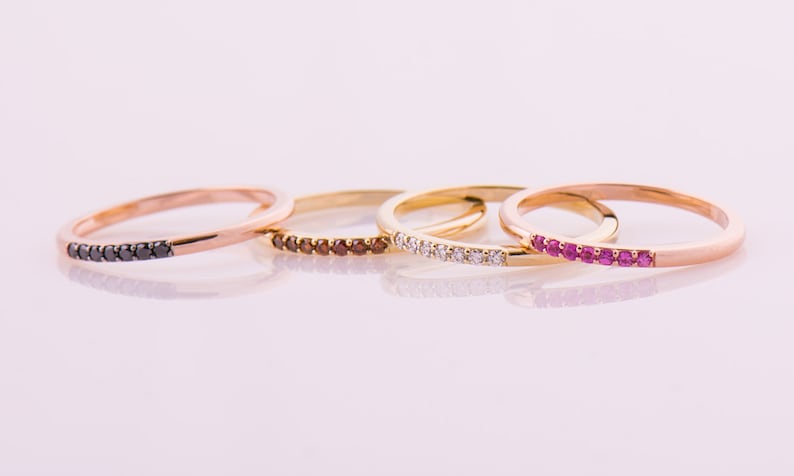 Thin Diamond Band Tiny Diamond Ring Dainty ring Stackable Band 14K Yellow Gold Stacking Ring 3 Stone Band Promise ring