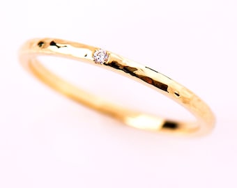 1.5 mm Hammered Textured Ring, Single Diamond Ring, 14K / 18K Yellow Gold, Stack Diamond Band, Tiny Diamond Ring, thin Wedding ring
