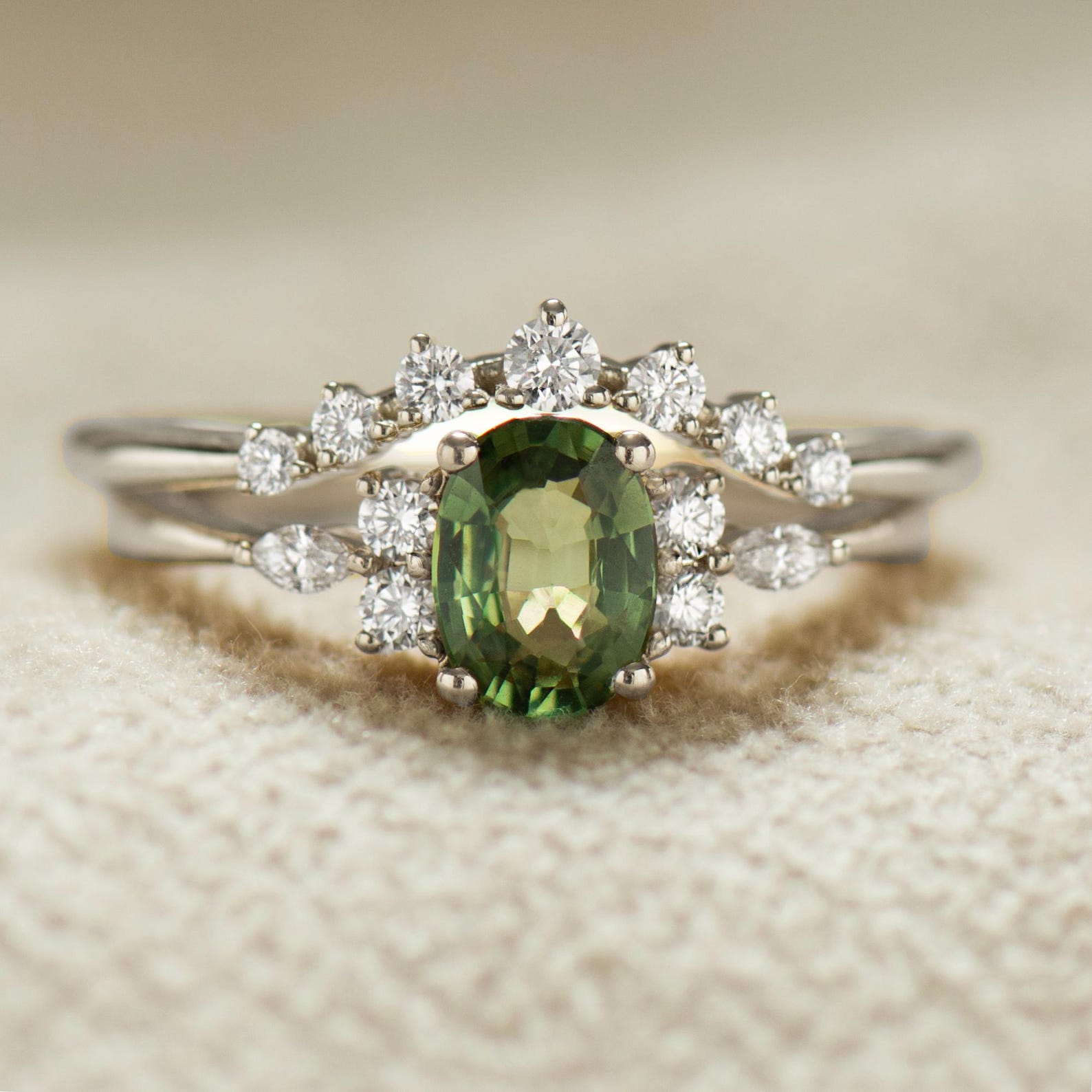 Green Sapphire Rings Set, 14K / 18K Gold, Matching Wedding Ring — free download