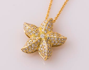 Starfish Diamonds Pendant, 14K / 18K Yellow Gold Necklace, Star Pendant, Diamonds Gift, Bridal Pendant, Anniversary Pendant, Sea Jewelry