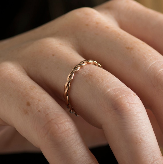 Anillo trenzado de 2 MM oro rosa de 14K 18K anillo de boda