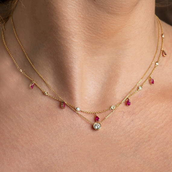 Collana Diamanti E Rubini In Argento 925: Eleganza Grezza E Raffinata Per Donna