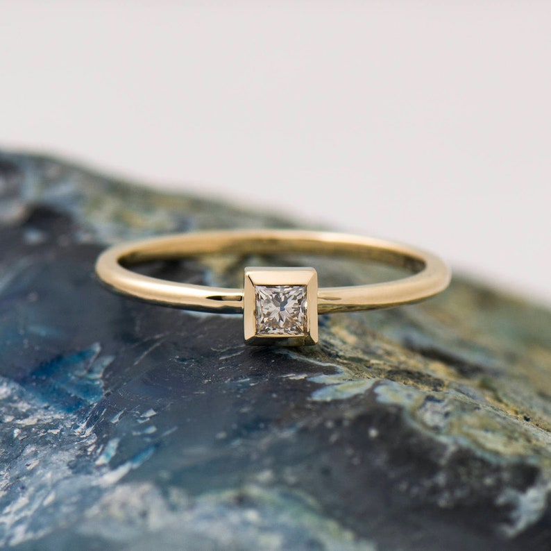 Square Diamond Engagement ring, 14K / 18K Yellow Gold, Dainty Engagement Ring, Thin Solitaire Ring, Princess Cut Diamond, Promise Ring image 2