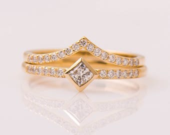 Princess Diamond Set, 14K / 18K Yellow Gold Diamond Set, Engagement Rings Set, Square Diamond Ring, Minimal Diamond Set, Wedding rings set