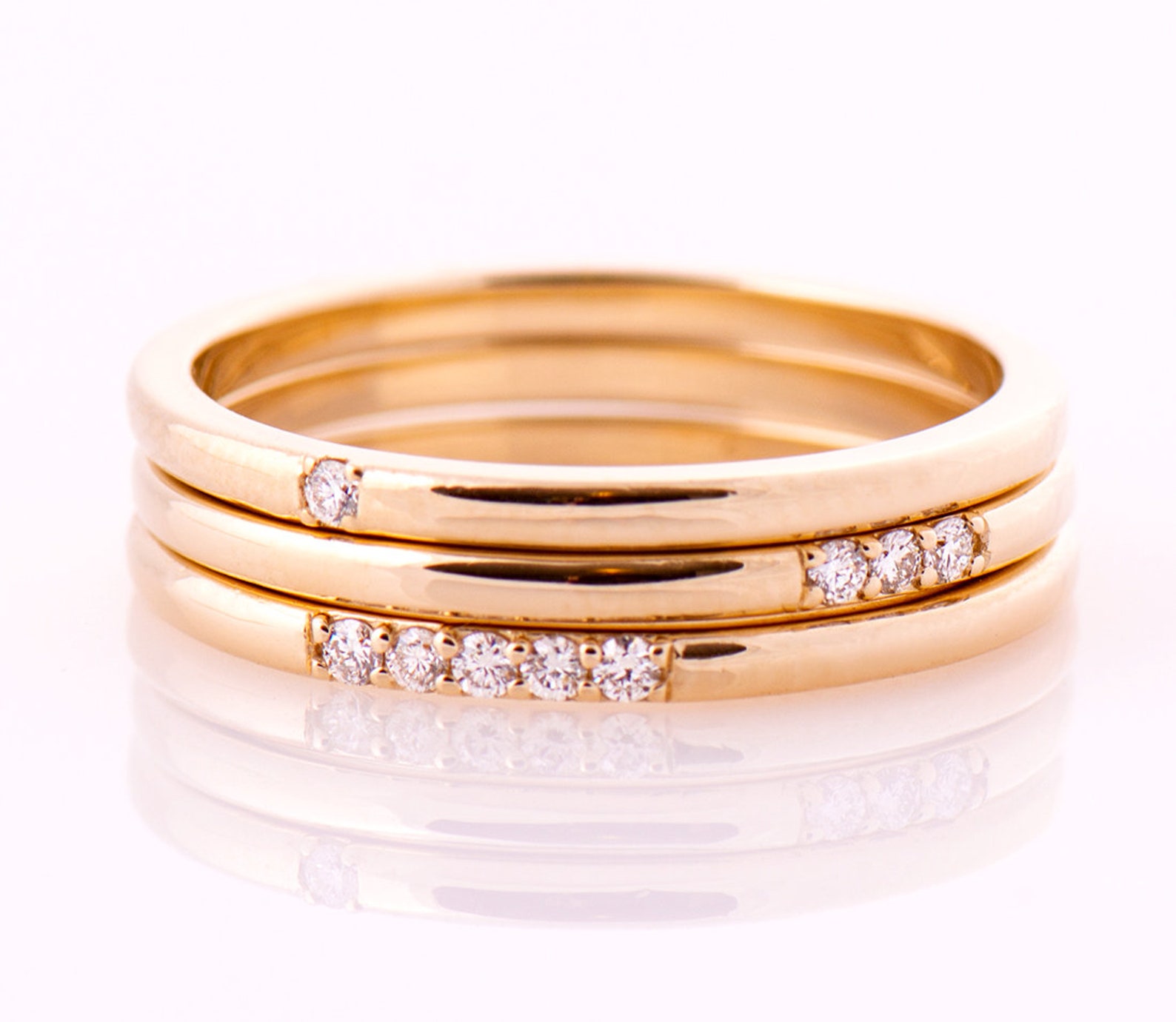 1.5 Mm 3 Diamonds Ring, Three Diamonds Stack Band, 14K / 18K Rose Gold ...