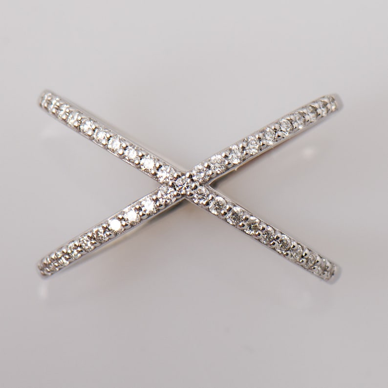 X Diamond Ring White Gold Diamond Ring Modern Ring Crossing Etsy