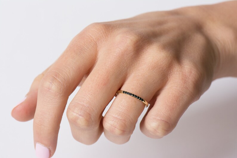 Wedding Band Black Diamond Ring Thin Diamonds ring Half Eternity 9 Diamonds Ring 14K 18K Yellow Gold Stacking Ring Dainty Ring