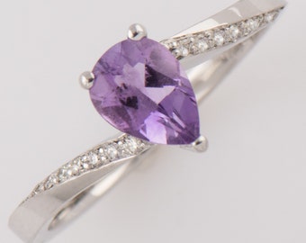 Teardrop Amethyst ring, 14K White Gold, Diamonds Ring, Delicate Amethyst ring, Curved Shape