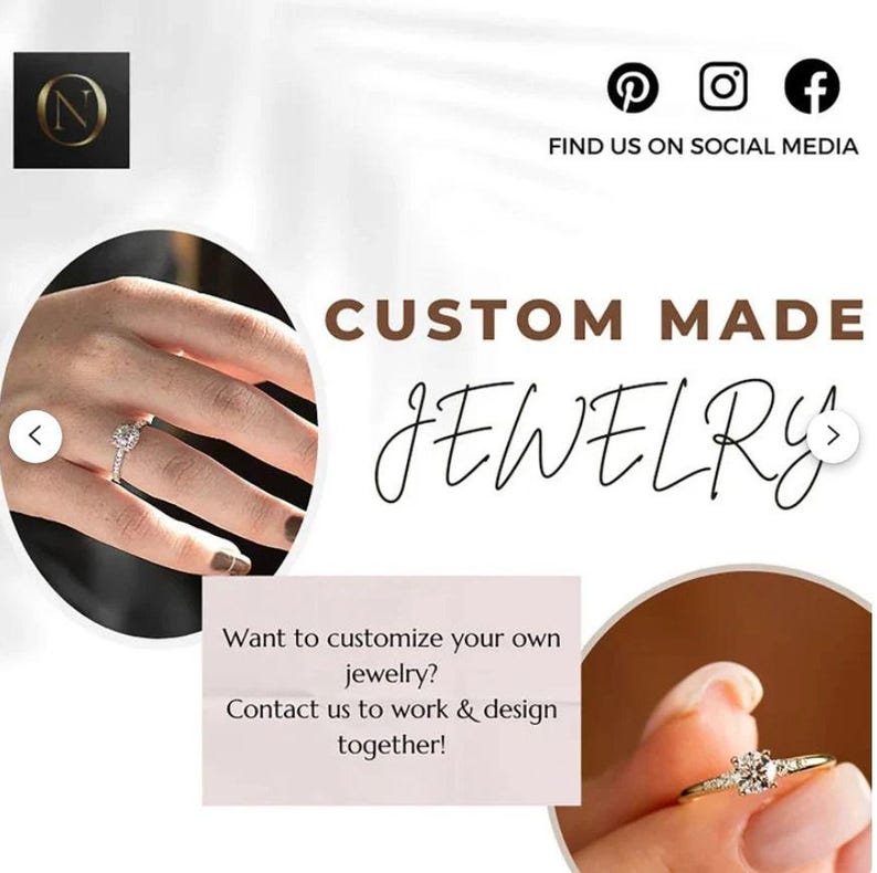 K&ouml;nnte beinhalten: Nahaufnahme von zwei H&auml;nden, die ma&szlig;gefertigte Verlobungsringe mit Diamanten tragen. Der Text "CUSTOM MADE JEWELRY" wird &uuml;ber den Ringen angezeigt. Der Text "M&ouml;chten Sie Ihren eigenen Schmuck anpassen? Kontaktieren Sie uns, um zusammenzuarbeiten und zu gestalten!" wird unter den Ringen angezeigt.