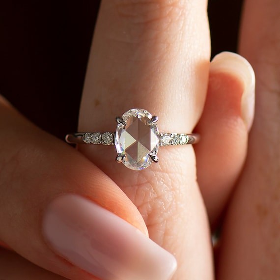 Rose Cut Engagement Ring 14k 18K White Gold One Carat Rose Cut Rose Cut Diamond Minimal Engagement Ring Oval Engagement Ring Etsy