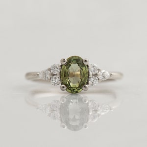 Green Sapphire Engagement Ring, 14K / 18K White Gold, Cluster Ring, Light Green Sapphire, Olive Sapphire, Oval sapphire Engagement Ring