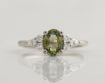 Green Sapphire Engagement Ring, 14K / 18K White Gold, Cluster Ring, Light Green Sapphire, Olive Sapphire, Oval sapphire Engagement Ring