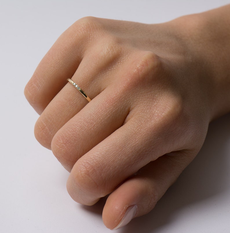 Thin Diamond Band Tiny Diamond Ring Dainty ring Stackable Band 14K Yellow Gold Stacking Ring 3 Stone Band Promise ring